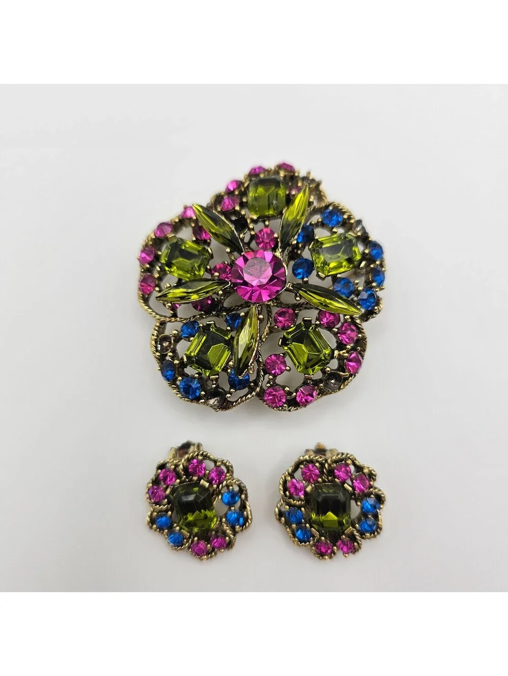 Vintage Rhinestone Brooch Clip Earrings Set Pink Green Blue Missing Stones